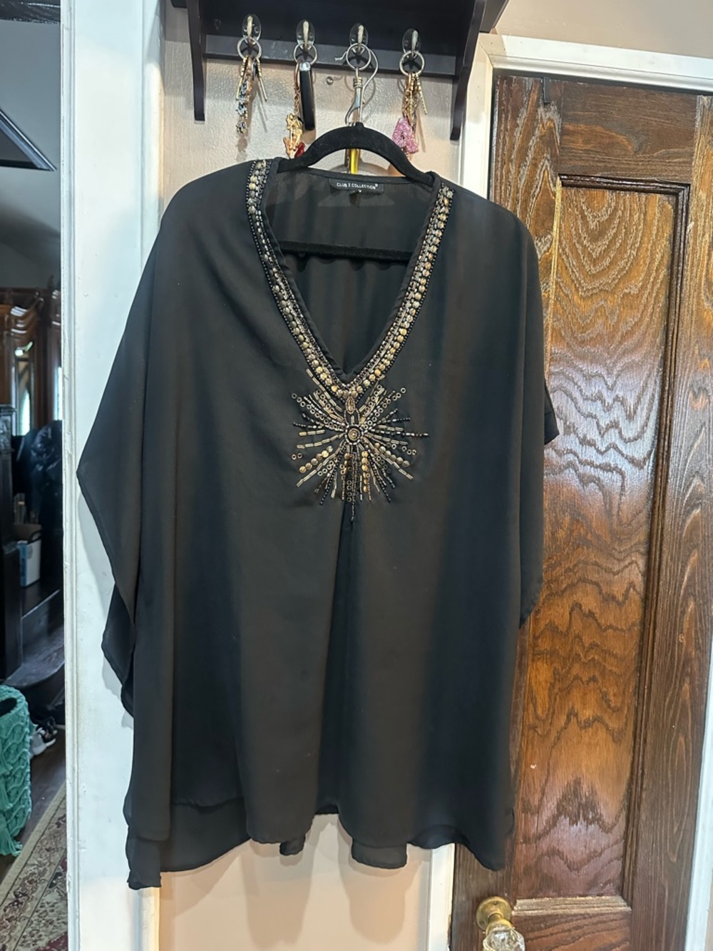 Beaded V‑Neck Black Chiffon Tunic